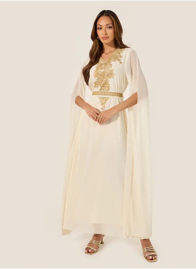 Styli Lace Detail V-Neck A-Line Belted Kaftan