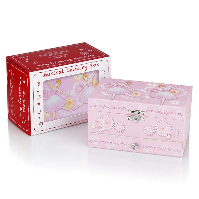 RR ROUND RICH DESIGN Kids Musical Jewelry Box for Girls with Drawer and Jewelry Set with Ballerina Theme - Swan Lake Tune Pink - Image 4