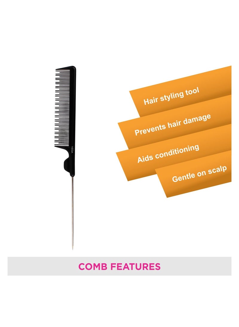 Fine Tooth Metal Pin Hairdressing Rat Tail Comb - Black - Image 3
