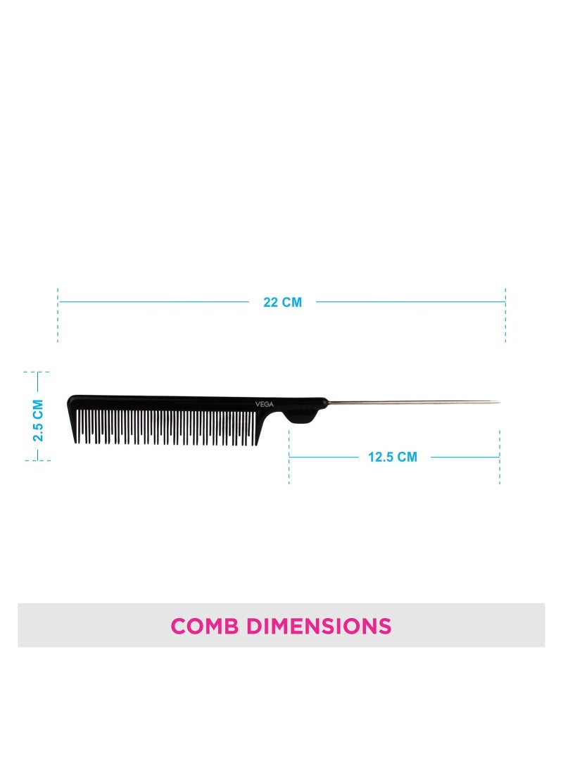 Fine Tooth Metal Pin Hairdressing Rat Tail Comb - Black - Image 2