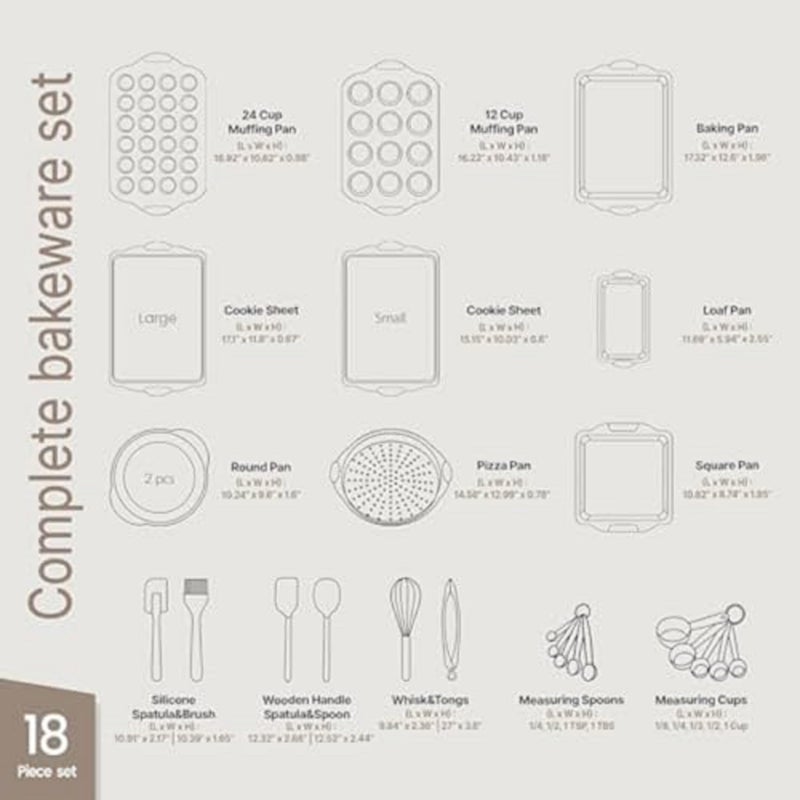 BAKKENMASTER 18-Piece Deluxe Nonstick Carbon Steel Bakeware Set - Professional Kitchen Oven Baking Pans with White Silicone Handles and Accessories - Image 2