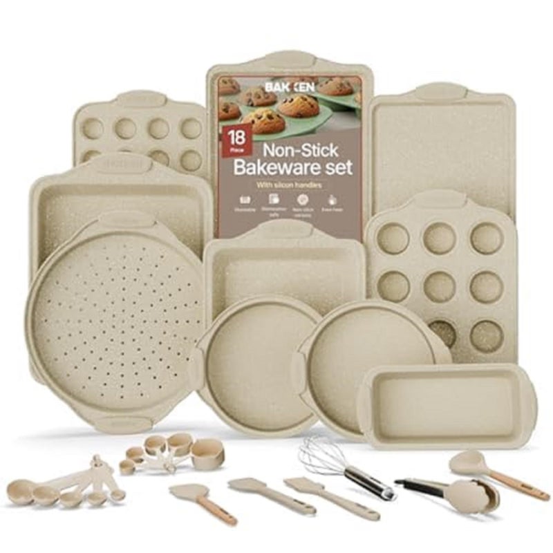BAKKENMASTER 18-Piece Deluxe Nonstick Carbon Steel Bakeware Set - Professional Kitchen Oven Baking Pans with White Silicone Handles and Accessories - Image 1