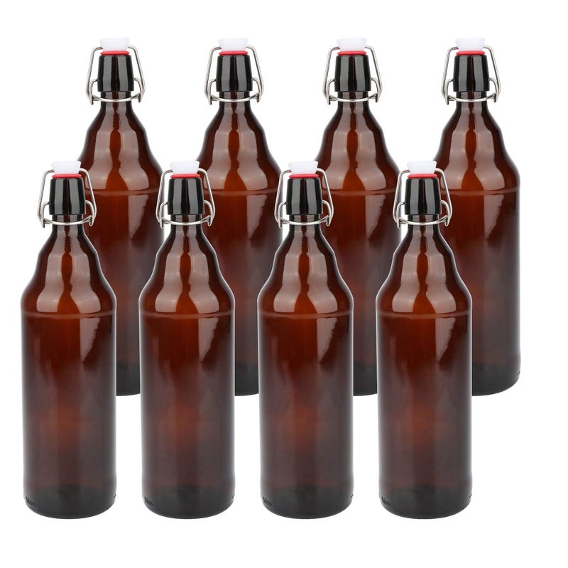 COMUDOT COMUDOT Glass Bottles Refillable Brown Glass Storage Bottle with Swing Top Lids Amber Iron Clasp Bottles with StickersPen for Home Brewing Drinks Sauces Industrial products etc 1000ML 8 PCS 