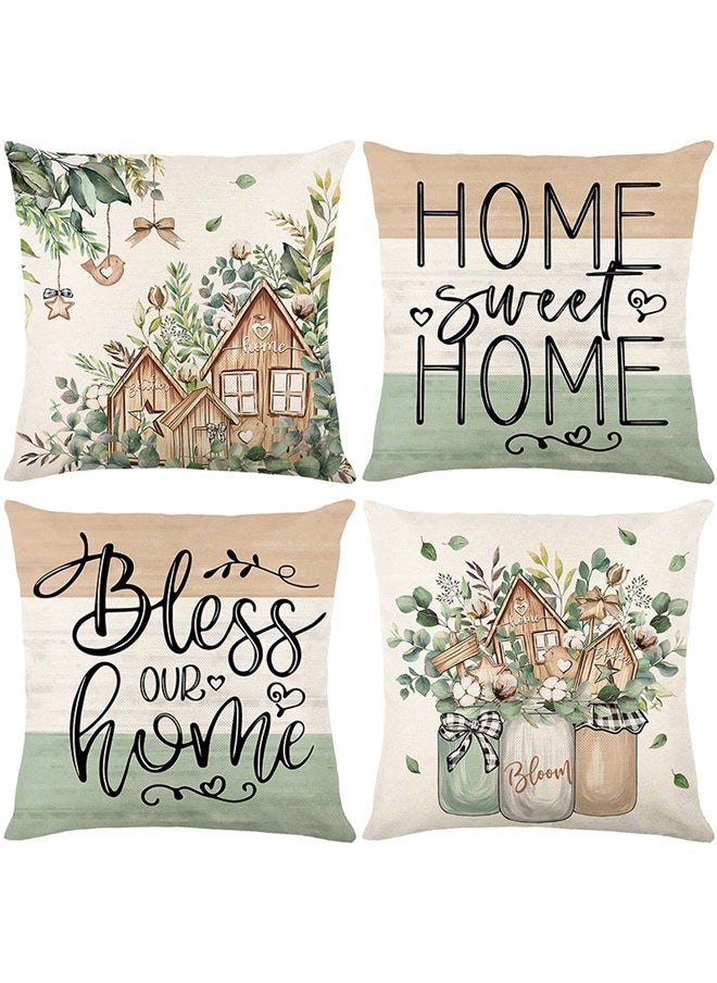 yongsheng Farmhouse Spring Throw Pillows 45*45cm Pillow Cover Set of 4, Colorful Plaid Bless Our Sweet Home Cottage Springtime Seasonal Decorations  - Image 1