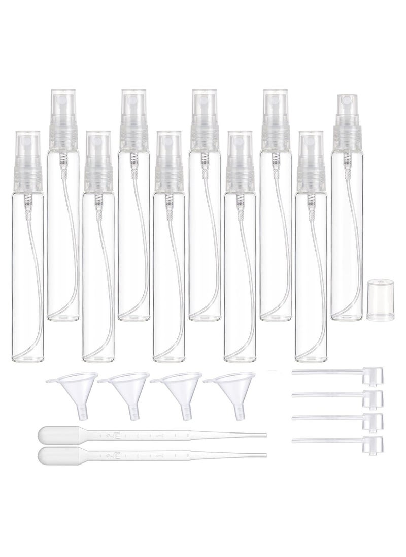 Home zone 10pcs Empty Mini Glass Spray Bottles with 4 Funnels, 4 Perfume Dispensers and 2 Refillable Droppers for Travel, Essential Oils, Perfume (10ml)  - Image 1