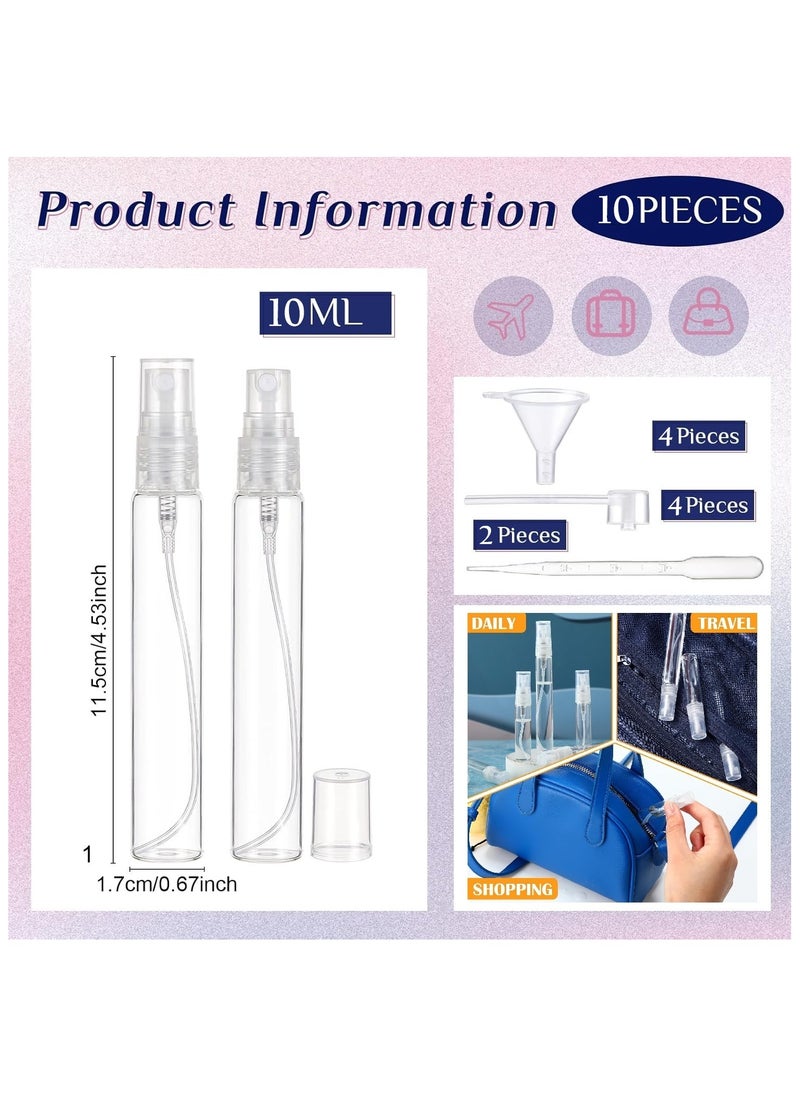 Home zone 10pcs Empty Mini Glass Spray Bottles with 4 Funnels, 4 Perfume Dispensers and 2 Refillable Droppers for Travel, Essential Oils, Perfume (10ml)  - Image 2