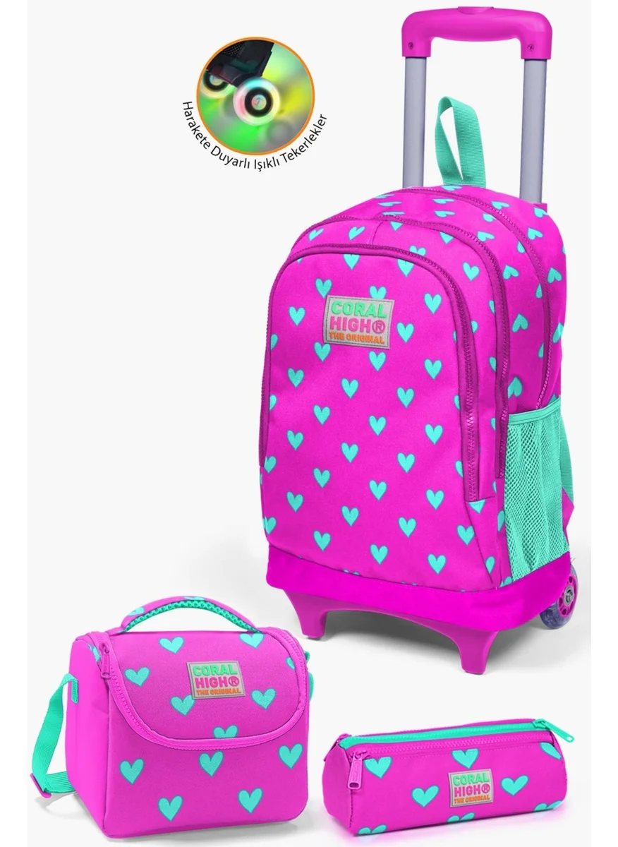 كورال هاي Kids Neon Pink Water Green Heart Patterned 3-Piece Bag Set with Squeegee SET0123133