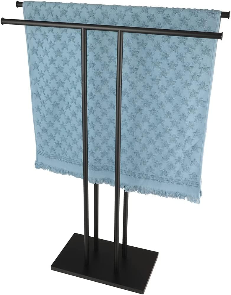 INDIDECOR INDIDECOR 51312 Freestanding Bath Towel Holder Stand Black 30 Inch Free Standing Double Towel Rack Shelf for Bathroom Floor Matte Black