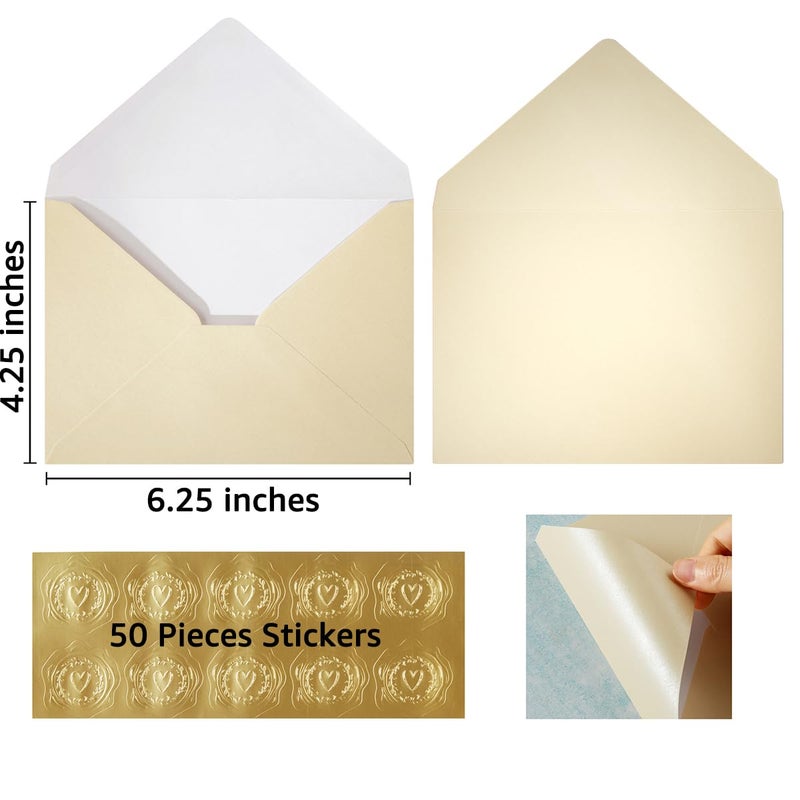 Homtable 50 Pieces Shiny Envelopes with Gold Stickers for Wedding Invitation Cards, Graduation, Baby Shower, Greeting Cards (Cream Color, A4, 4x6) - Image 2