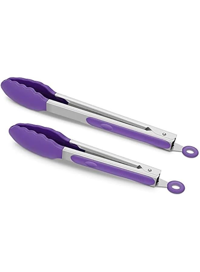 Set of 2 Kitchen Tongs 9-Inch & 12-Inch, Premium Stainless Steel BPA Free Silicone Non-Stick Grilling Barbeque Cooking Locking Food Tongs, Purple - Image 1