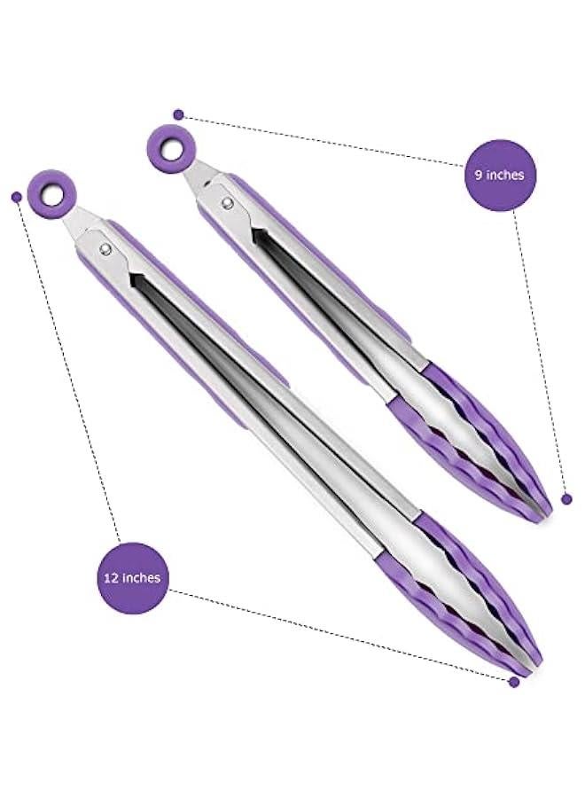 Set of 2 Kitchen Tongs 9-Inch & 12-Inch, Premium Stainless Steel BPA Free Silicone Non-Stick Grilling Barbeque Cooking Locking Food Tongs, Purple - Image 4