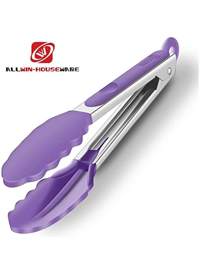 Set of 2 Kitchen Tongs 9-Inch & 12-Inch, Premium Stainless Steel BPA Free Silicone Non-Stick Grilling Barbeque Cooking Locking Food Tongs, Purple - Image 5