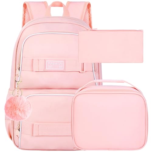 HPJGD 3PCS Girls Backpack 17 Water Resistant School Bag with Lunch Box Cute Pink Bookbag Set for Women College Teenagers High Middle Elementary - Image 1