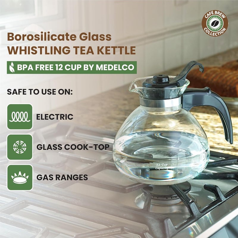 CAFÉ BREW COLLECTION Borosilicate Glass Stove Top Whistling Tea Kettle - 12 Cup/48oz Capacity - BPA-Free - Image 2