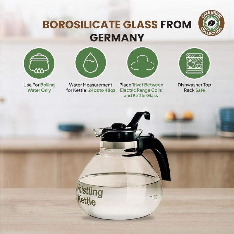 CAFÉ BREW COLLECTION Borosilicate Glass Stove Top Whistling Tea Kettle - 12 Cup/48oz Capacity - BPA-Free - Image 3