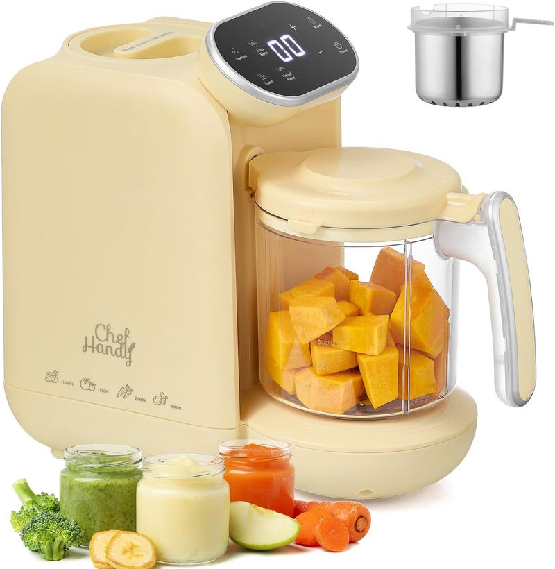 chefhandy جهاز تحضير طعام الأطفال Chefhandy، معالج طعام الأطفال متعدد الوظائف في جهاز واحد (5 في 1)، محضر الهريس والمطحن مع قدر البخار، خلاط بخاري متعدد الوظائف بشاشة تعمل باللمس، وظيفة تسخين زجاجات الحليب، طهي أوتوماتيكي، لون أصفر - Image 1