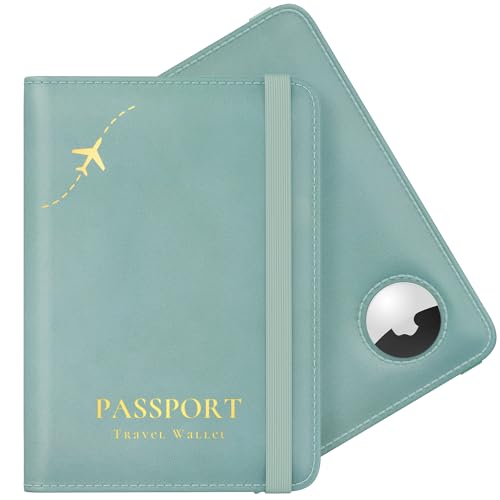 Stouchi AirTag Passport Holder, Cute Passport Holder with Airtag Slot, RFID Passport Wallet Cover for Women, Family Leather Passport Protector Case, Anti-Lost Travel Essentials, Sky Blue - Image 1