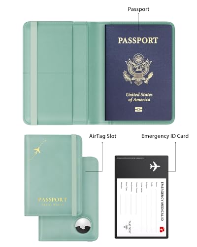 Stouchi AirTag Passport Holder, Cute Passport Holder with Airtag Slot, RFID Passport Wallet Cover for Women, Family Leather Passport Protector Case, Anti-Lost Travel Essentials, Sky Blue - Image 2