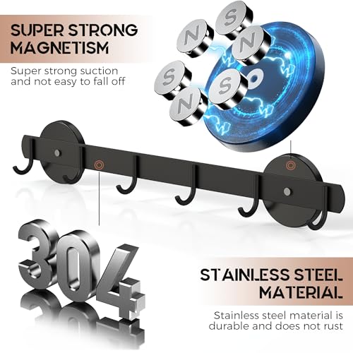 Laowu Magnetic Utensil Holder For Fridge, Heavy Duty Magnetic Coat Rack For Metal Door, Magnetic BBQ Tool Rack, Strong Magnet Bar With 6 Hooks Storage Hanger Hanging Kitchen Utensil, Coat, Towel, Grill Tool - Image 4