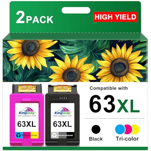 KINGWAY 63XL Ink Cartridge Black and Color Combo Pack Replacement for HP 63 63XL Printers Work for HP OfficeJet 3830 4650 5255 5258 5200 Envy 4520 4512 4510 DeskJet 1112 2130 3630 (2 Pack) - Image 1