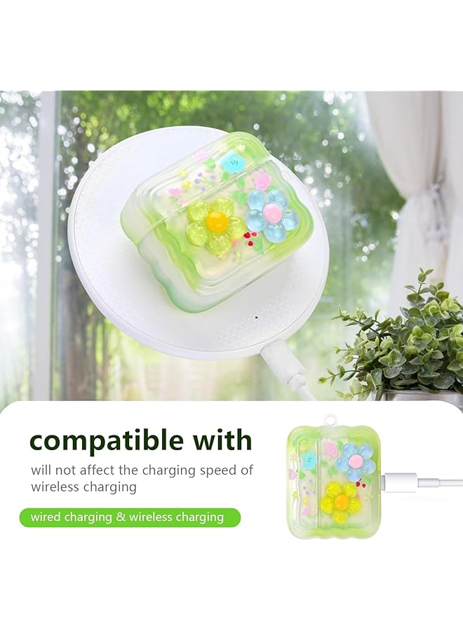 erorex Cute Cases For Airpods Pro Curly Wave Frame Shape Flowers Cover With Heart Bead Pendant And Three Dimensional Flowers Girly Liquid Glitter Sparkle Design Case For Airpods Pro Green  - Image 4