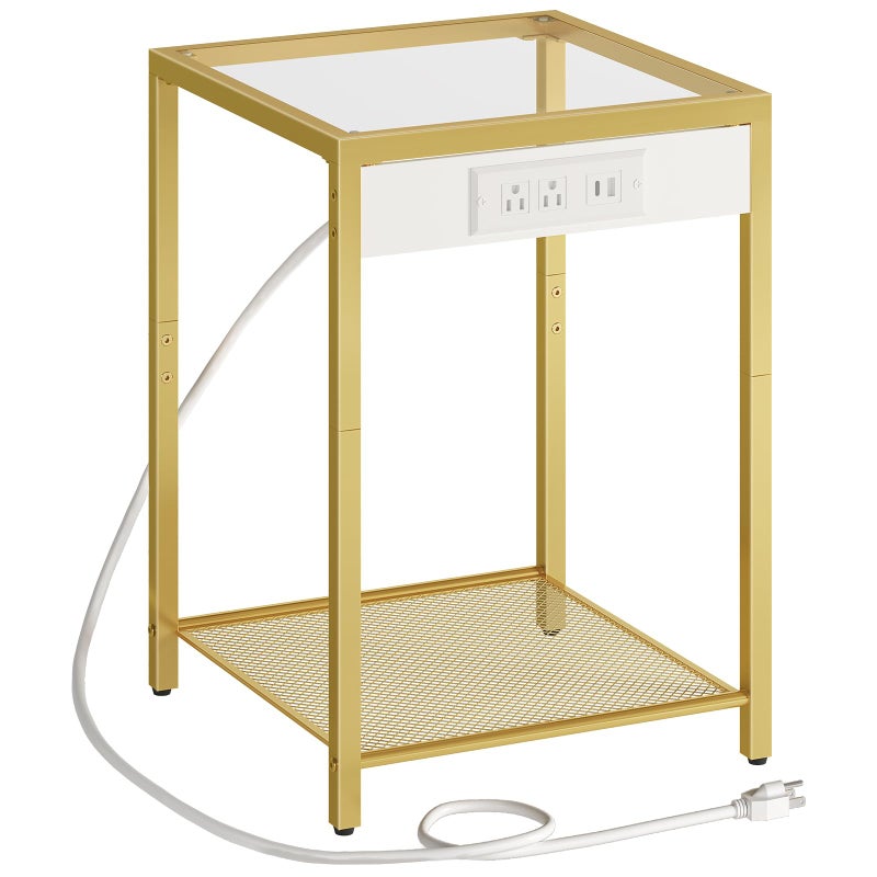 HOOBRO Side Table with Charging Station End Table with USB Port Nightstand for Tight Spaces Tempered Glass Modern Metal Frame for Office Bedroom Living Room Study Gold GD76UBZ01
