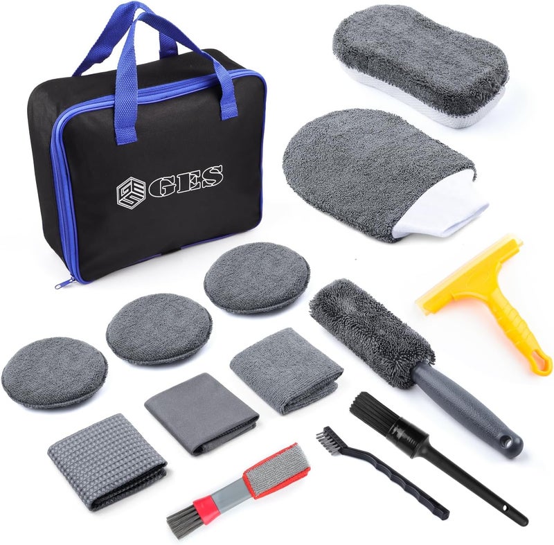 GES 12-Piece Premium Car Cleaning Kit with Microfiber Mitt, Towel, and Brushes - Image 1