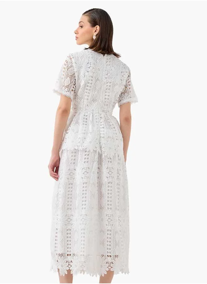 2Xtremz 2Xtremz Lace Textured A-line Dress with Round Neck and Short Sleeves