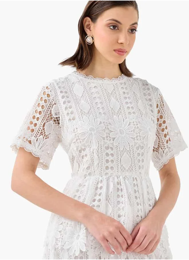 2Xtremz 2Xtremz Lace Textured A-line Dress with Round Neck and Short Sleeves