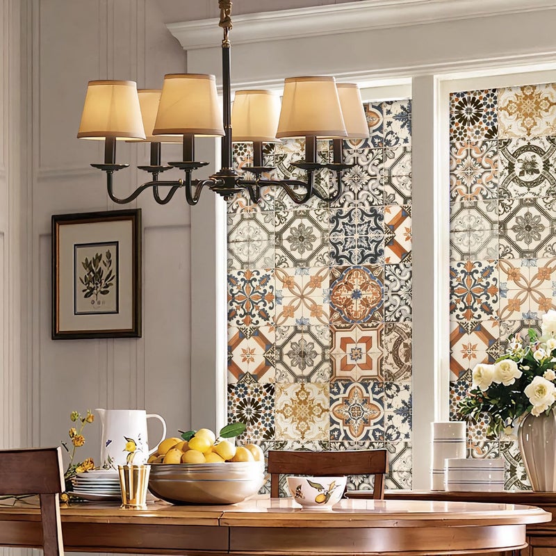 Vintage Moroccan Tile Pattern Wall Paper Style Privacy Window Film NonAdhesive Frosted Decorative Glass Film Static Cling Film for Bathroom Shower RoomFurniture Glass Moroccan Tile