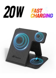 Mezone 3 in 1 Wireless Charging Station, 15W Fast Charging Foldable Wireless Charger Stand, Compatible with Apple iPhone 15 14 13 12 11 X Pro Max, Galaxy S, iWatch 9/8/7/6/5/4/3/2/SE, AirPods, Black  - Image 1