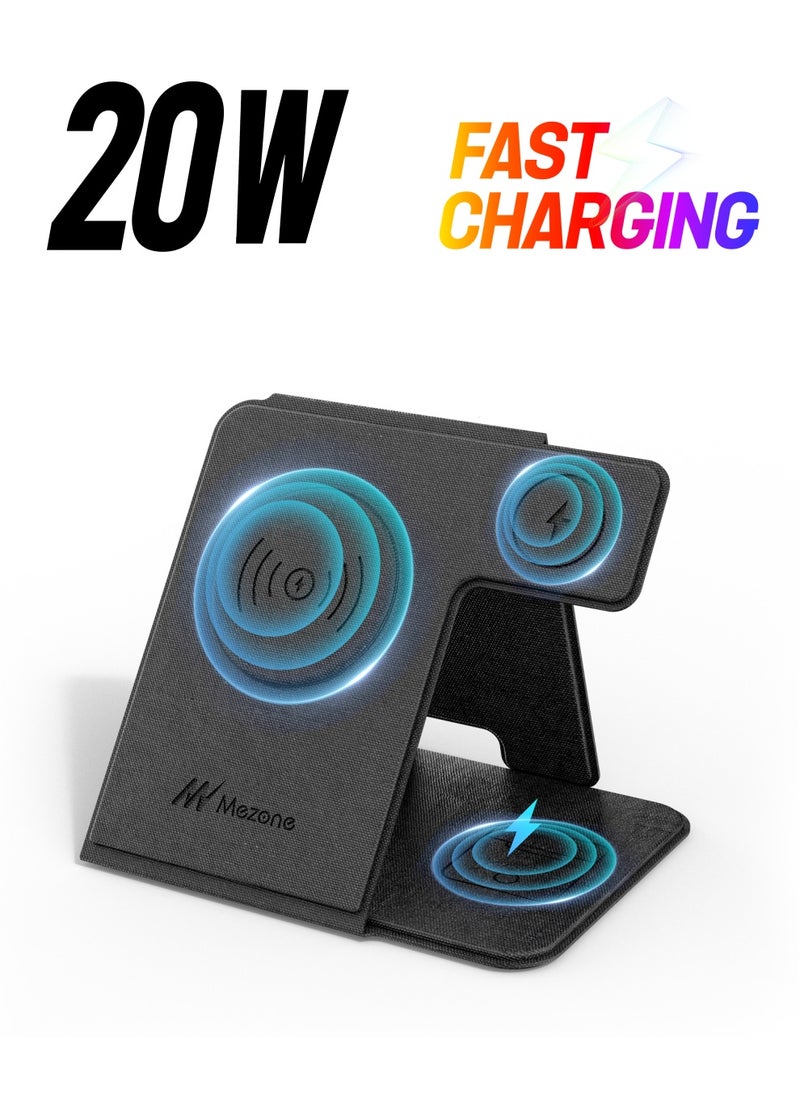 Mezone 3 in 1 Wireless Charging Station, 15W Fast Charging Foldable Wireless Charger Stand, Compatible with Apple iPhone 15 14 13 12 11 X Pro Max, Galaxy S, iWatch 9/8/7/6/5/4/3/2/SE, AirPods, Black  - Image 1