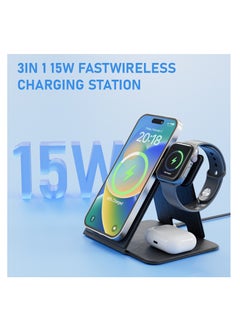 Mezone 3 in 1 Wireless Charging Station, 15W Fast Charging Foldable Wireless Charger Stand, Compatible with Apple iPhone 15 14 13 12 11 X Pro Max, Galaxy S, iWatch 9/8/7/6/5/4/3/2/SE, AirPods, Black  - Image 4