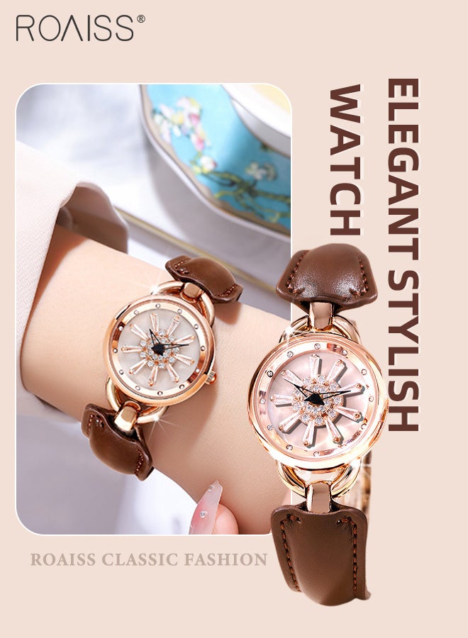 roaiss Leather-covered Steel Strap Quartz Watches for Women, Analog Display Round Rotating Flower Pattern Dial, Waterproof Luxurious Wristwatch as Gift for Ladies - Image 1
