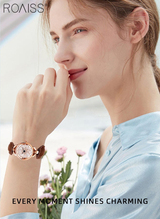 roaiss Leather-covered Steel Strap Quartz Watches for Women, Analog Display Round Rotating Flower Pattern Dial, Waterproof Luxurious Wristwatch as Gift for Ladies - Image 2