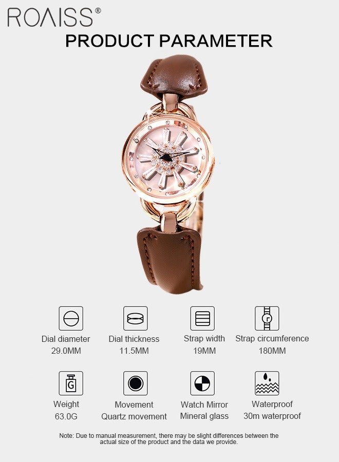 roaiss Leather-covered Steel Strap Quartz Watches for Women, Analog Display Round Rotating Flower Pattern Dial, Waterproof Luxurious Wristwatch as Gift for Ladies - Image 4