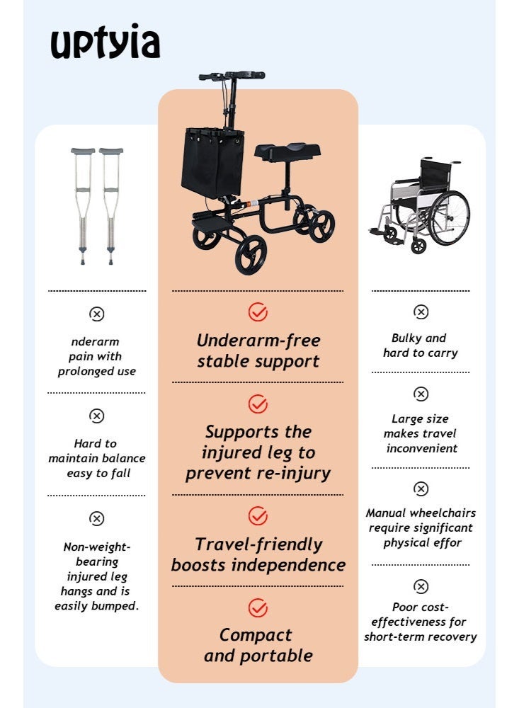أوبتيا سكوتر اقتصادي للركبة، مشاية للركبة قابلة للتوجيه لإصابات القدم، بديل مدمج للعكاز مع نظام فرامل مزدوج (أسود) - Image 3