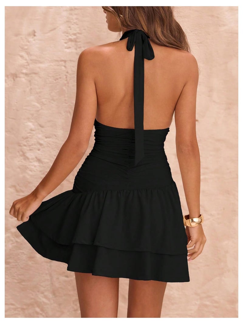 Floerns Women's Deep V Neck Ruched A Line Halter Mini Dresses Tie Front Asymmetrical Layered Club Party Dresses Black Medium - Image 2