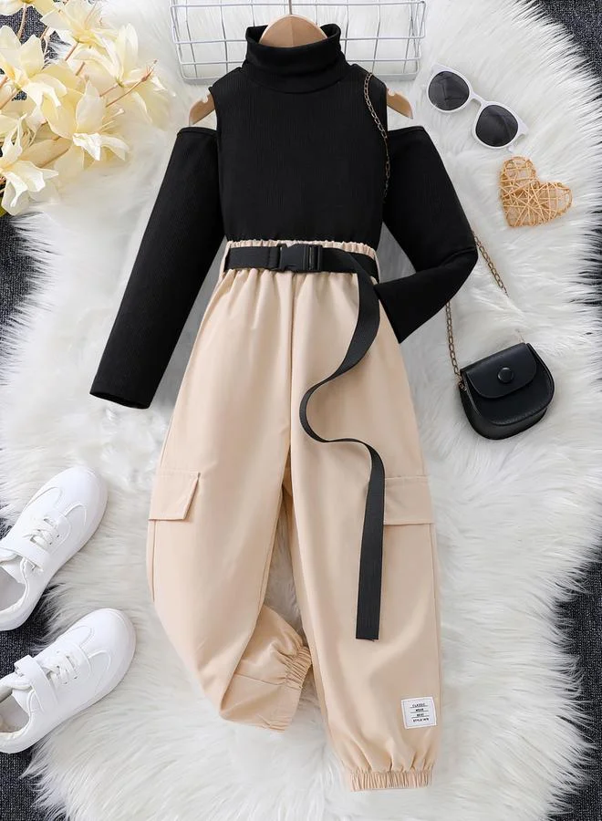 Take Two Take Two Girls Beige Cold Shoulder Top and Belted Joggers Set