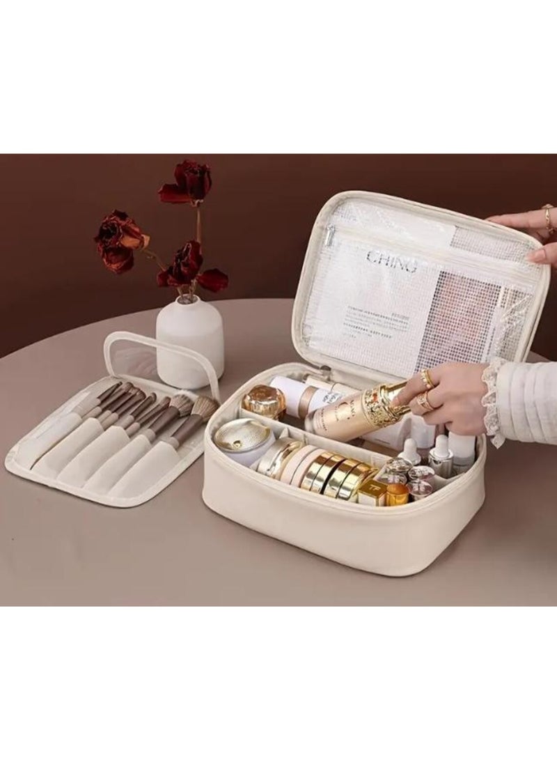 Leather Multi-Layer Makeup Organizer Bag with Adjustable Dividers - BROWN - Image 3