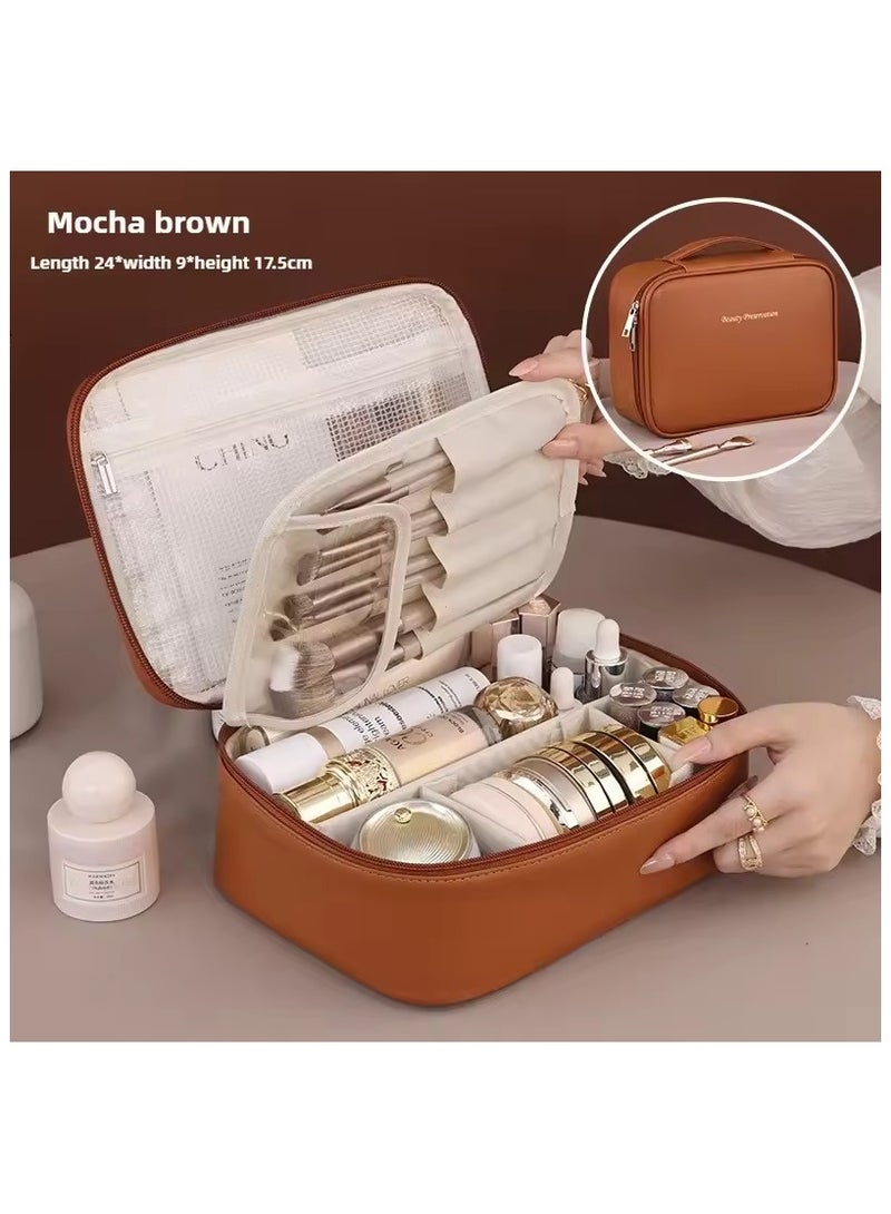 Leather Multi-Layer Makeup Organizer Bag with Adjustable Dividers - BROWN - Image 1