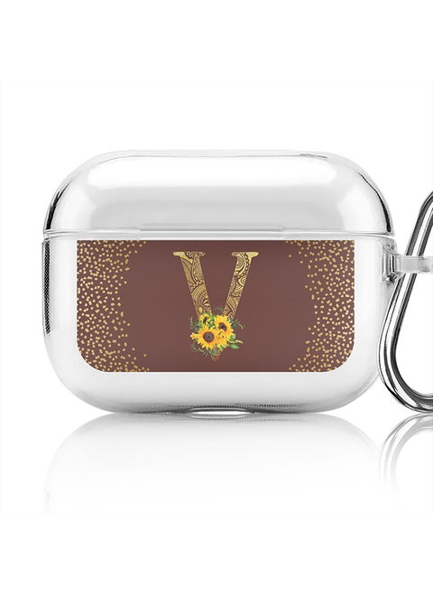 Classic Clear printed Case for Apple AirPods Pro 2nd Generation Thin Transparent Cover - Custom Monogram Initial Letter Mandala Floral Pattern Alphabet - V (Brown )