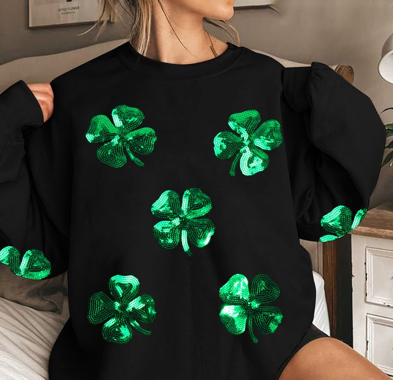 MAXIMGR Women St Patricks Day Sweatshirts Sequin Leaf Clover Sweater Shamrock Shirts Casual Irish Gift Long Sleeve Pullover - Image 2
