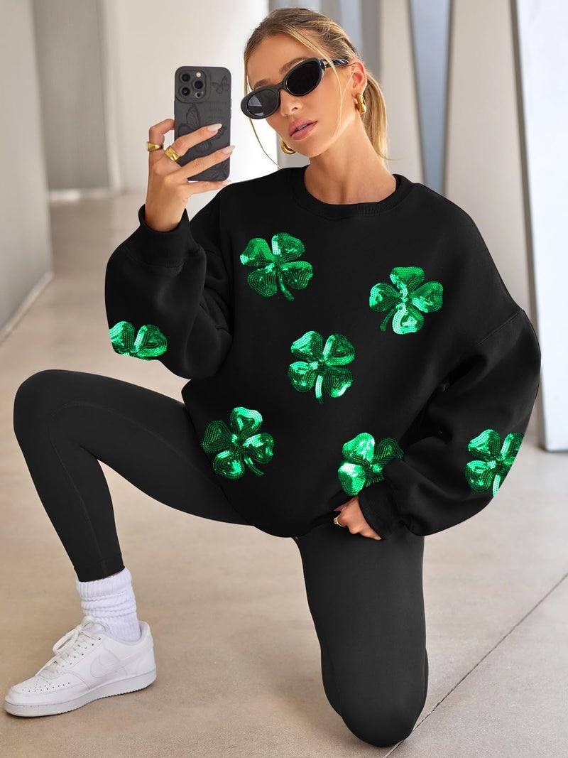 MAXIMGR Women St Patricks Day Sweatshirts Sequin Leaf Clover Sweater Shamrock Shirts Casual Irish Gift Long Sleeve Pullover - Image 3