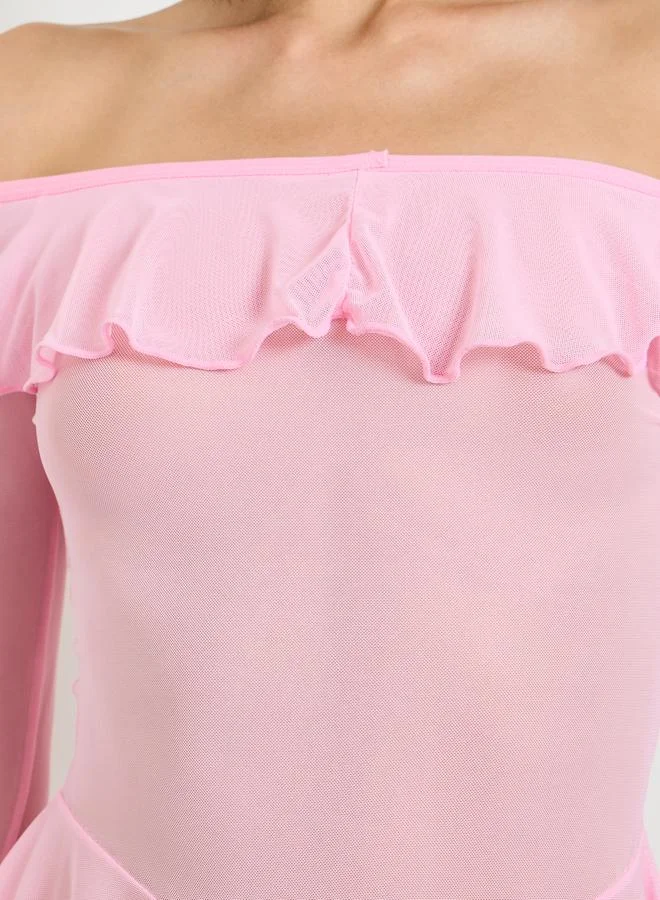 Take Two Pink Sheer Mesh Ruffled Off Shoulder Babydoll with Brief