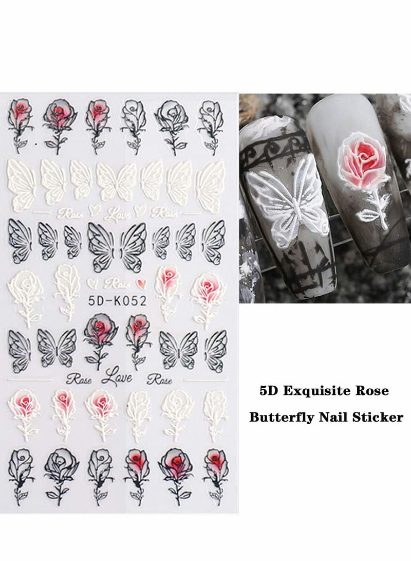 Excefore Flowers Nail Art Sticker 5d Exquisite Embossed Supplies Self-Adhesive Black White Rose Stickers French Hollow Flower Design Manicure DIY Decoration 3 Sheet - Image 3