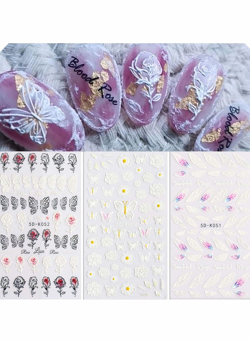 Excefore Flowers Nail Art Sticker 5d Exquisite Embossed Supplies Self-Adhesive Black White Rose Stickers French Hollow Flower Design Manicure DIY Decoration 3 Sheet - Image 1