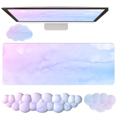 WFCYGL Cloud Mouse Pad and Keyboard Wrist Rest 4PCS Extended Large Desk Mat Pad Set Memory Foam Non-Slip Ergonomic Gaming Mouse Pad Wrist Support for Computer Laptop Home Office Cute Pink Blue Sky - Image 1