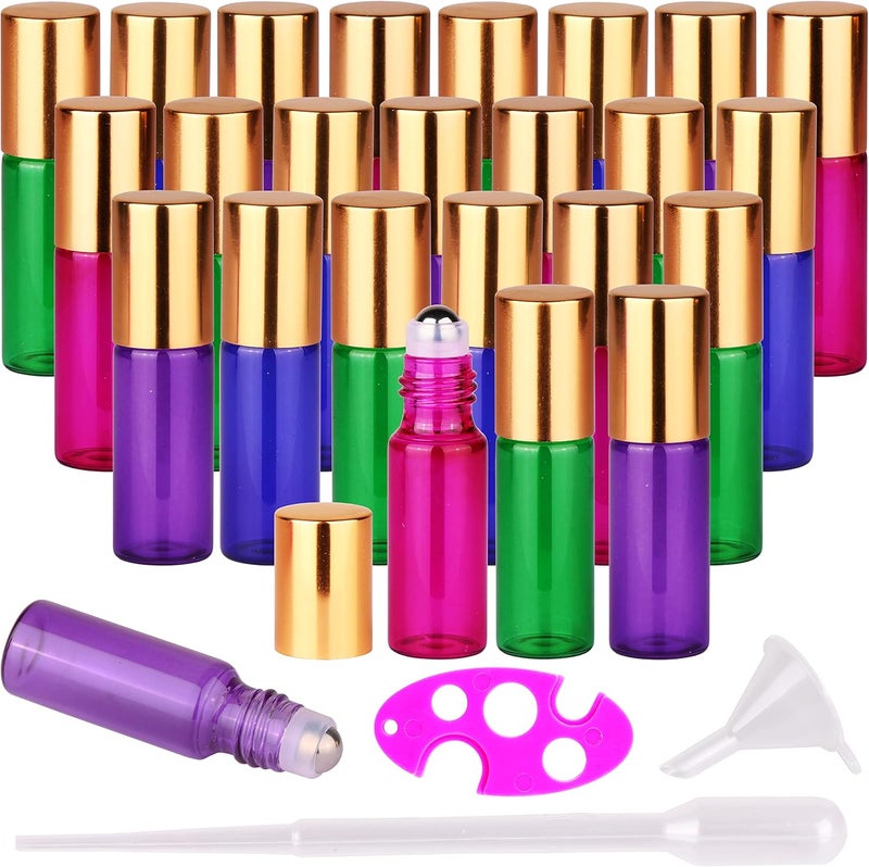 MAXMAU 24X Coloured Roller Bottles for Essential Oils Perfume 5ml Refillable Glass Bottle Metal Roll On Ball Golden Cap with Accessories Opener Funnel Droppers Included - Image 1