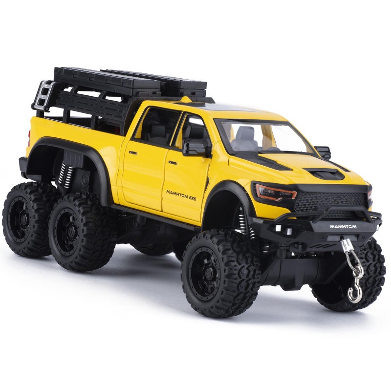 FRJV Pickup Truck Toy 124 Diecast Trucks Mammoth Model Car KitsMetal Toy Truck Suitable for Kids and Car CollectionPull Back Cars with Light and SoundTrucks for Kids Ages 48Yellow - Image 3